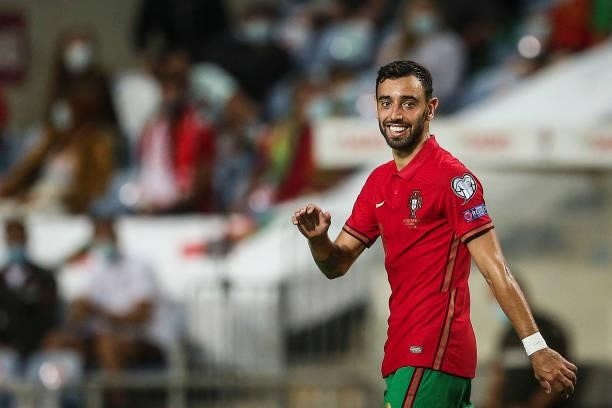 Portugal's midfielder Bruno Fernandes reacts during the FIFA World Cup Qatar 2022 European qualifying round group A football match between Portugal...
