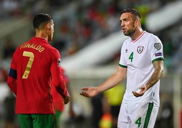 Faro , Portugal - 1 September 2021; Shane Duffy of Republic of Ireland and Cristiano Ronaldo of Portugal during the FIFA World Cup 2022 qualifying...