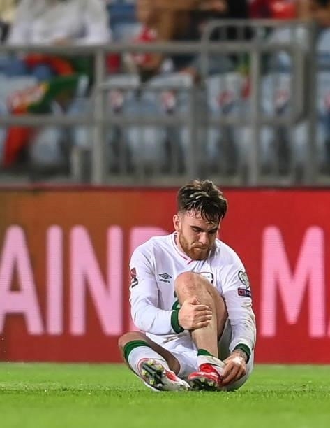 Faro , Portugal - 1 September 2021; Aaron Connolly of Republic of Ireland after picking up an injury during the FIFA World Cup 2022 qualifying group...