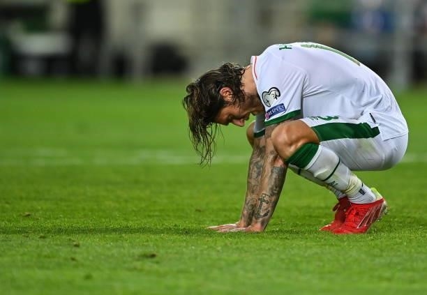 Faro , Portugal - 1 September 2021; Jeff Hendrick of Republic of Ireland reacts after his side concede a second goal, scored by Cristiano Ronaldo of...