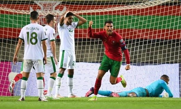 Faro , Portugal - 1 September 2021; Cristiano Ronaldo of Portugal celebrates after scoring his side's first goal during the FIFA World Cup 2022...