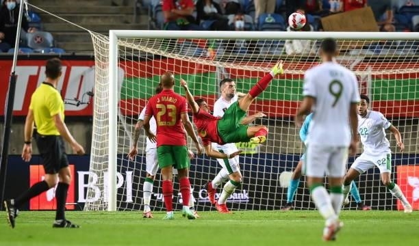 Faro , Portugal - 1 September 2021; André Silva of Portugal has a shot on goal during the FIFA World Cup 2022 qualifying group A match between...
