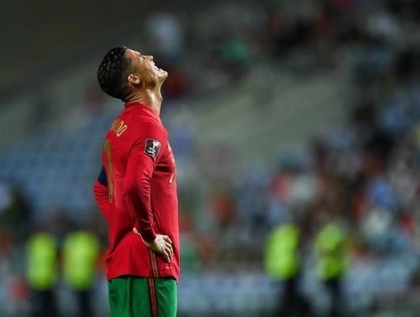 Faro , Portugal - 1 September 2021; Cristiano Ronaldo of Portugal reacts during the FIFA World Cup 2022 qualifying group A match between Portugal and...