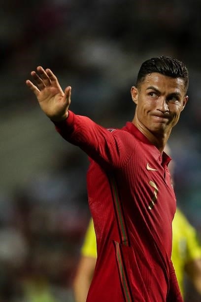 Portugal's forward Cristiano Ronaldo reacts during the FIFA World Cup Qatar 2022 European qualifying round group A football match between Portugal...