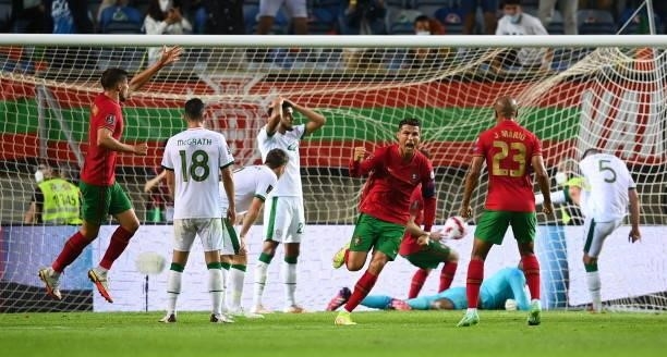 Faro , Portugal - 1 September 2021; Cristiano Ronaldo of Portugal celebrates after scoring his side's first goal during the FIFA World Cup 2022...