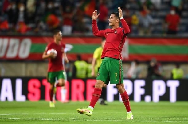 Faro , Portugal - 1 September 2021; Cristiano Ronaldo of Portugal encourages the crowd after scoring his side's first goal during the FIFA World Cup...