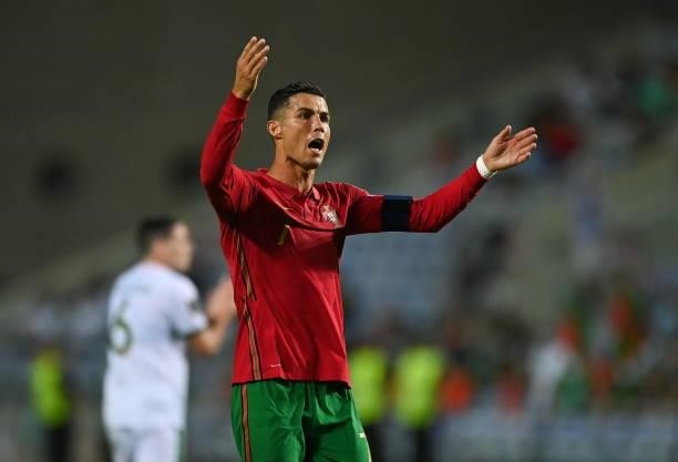 Faro , Portugal - 1 September 2021; Cristiano Ronaldo of Portugal encourages the crowd during the FIFA World Cup 2022 qualifying group A match...