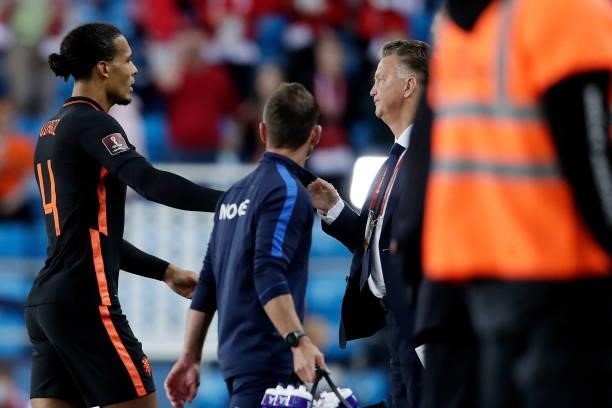 Virgil van Dijk of Holland, coach Louis van Gaal of Holland during the World Cup Qualifier match between Norway v Holland at the Ullevaal Stadium on...