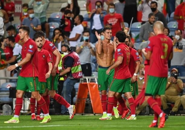 Faro , Portugal - 1 September 2021; Cristiano Ronaldo of Portugal celebrates with team-mates after scoring their side's second goal during the FIFA...