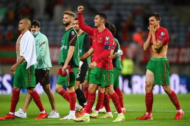 Faro , Portugal - 1 September 2021; Cristiano Ronaldo of Portugal celebrates with his team-mates after his side's victory in the FIFA World Cup 2022...
