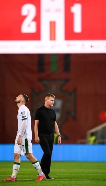 Faro , Portugal - 1 September 2021; Republic of Ireland manager Stephen Kenny, right, and Matt Doherty of Republic of Ireland reacts after their...