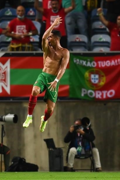 Faro , Portugal - 1 September 2021; Cristiano Ronaldo of Portugal celebrates after scoring his side's second goal during the FIFA World Cup 2022...