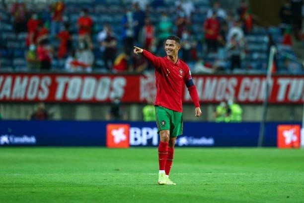 Cristiano Ronaldo of Manchester United and Portugal celebrates scoring his team's second goal during the 2022 FIFA World Cup Qualifier match between...
