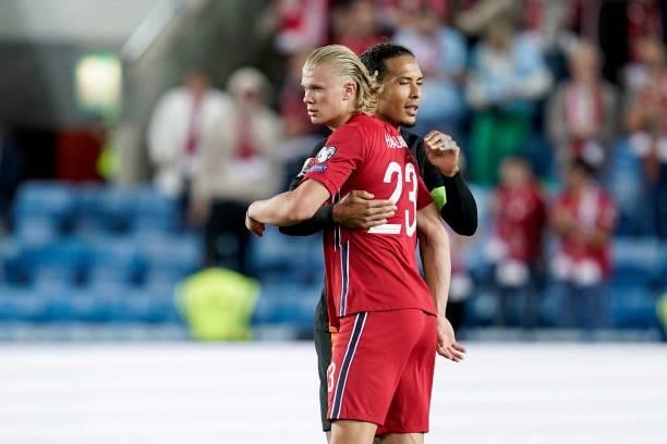 Norway's Erling Braut Haaland and Netherlands' Virgil van Dijk react after the World Cup qualifier football match between Norway and the Netherlands...