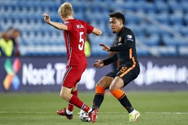 Birger Solberg Meling of Norway, Donyell Malen of Holland during the World Cup qualifier match between Norway and the Netherlands at Ullevaal Stadium...