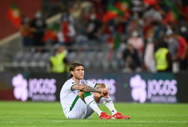 Faro , Portugal - 1 September 2021; Jeff Hendrick of Republic of Ireland reacts after his side's defeat after the FIFA World Cup 2022 qualifying...