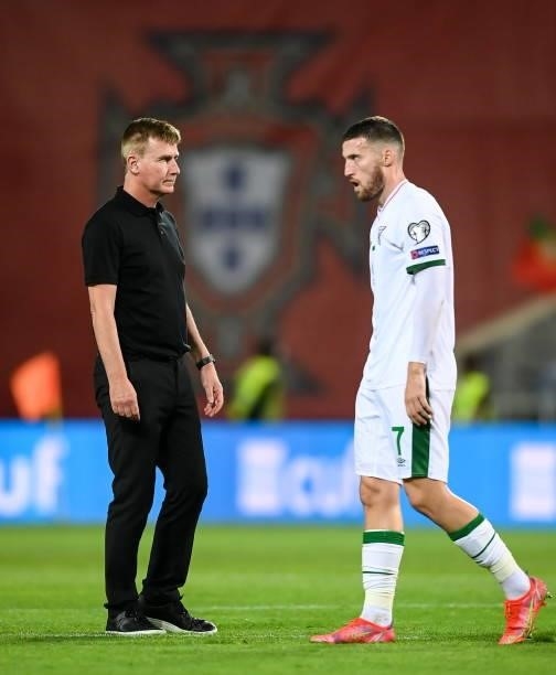Faro , Portugal - 1 September 2021; Republic of Ireland manager Stephen Kenny, left, and Matt Doherty of Republic of Ireland reacts after their...