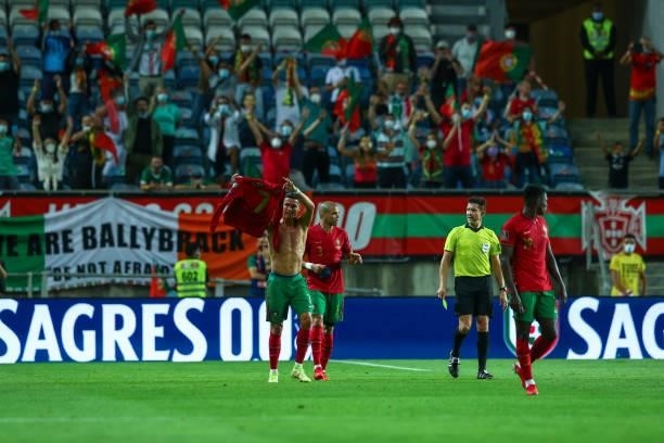 Cristiano Ronaldo of Manchester United and Portugal celebrates scoring his team's second goal during the 2022 FIFA World Cup Qualifier match between...
