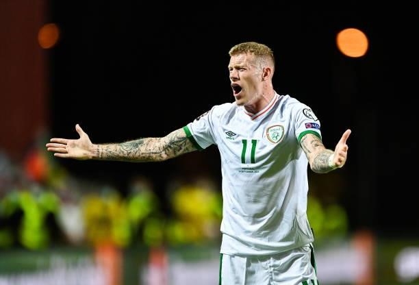 Faro , Portugal - 1 September 2021; James McClean of Republic of Ireland reacts to a decision during the FIFA World Cup 2022 qualifying group A match...