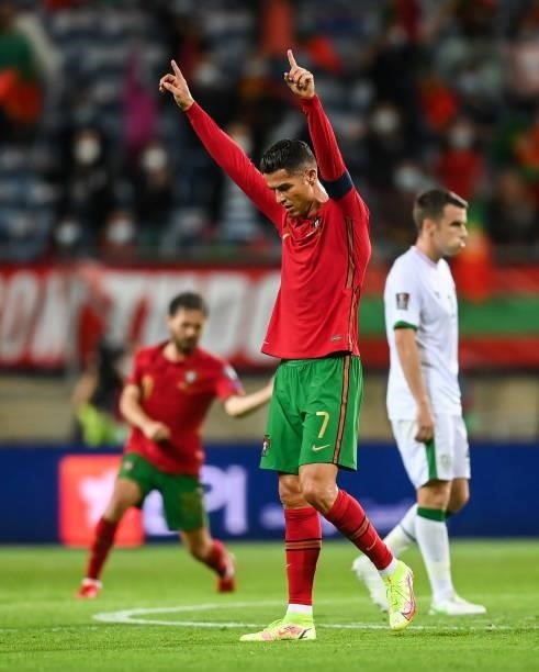 Faro , Portugal - 1 September 2021; Cristiano Ronaldo of Portugal celerbates at the final whistle of the FIFA World Cup 2022 qualifying group A match...