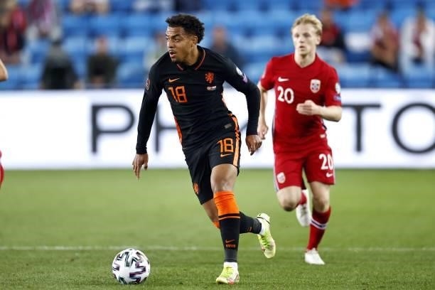 Donyell Malen of Holland, Mats Moller Daehli of Norway during the World Cup qualifier match between Norway and the Netherlands at Ullevaal Stadium on...