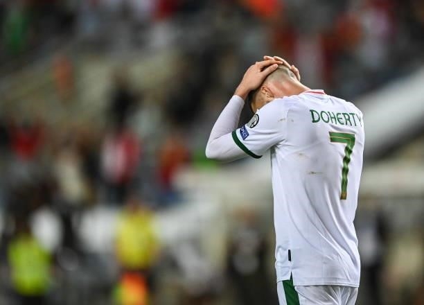 Faro , Portugal - 1 September 2021; Matt Doherty of Republic of Ireland reacts after his side concede a second goal, scored by Cristiano Ronaldo of...