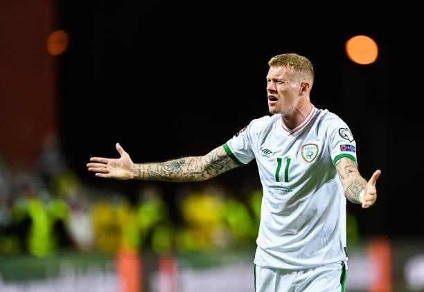 Faro , Portugal - 1 September 2021; James McClean of Republic of Ireland reacts to a decision during the FIFA World Cup 2022 qualifying group A match...