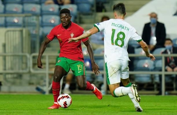Nuno Mendes of Sporting CP and Portugal in action during the World Cup 2022 Qualifier match between Portugal and Republic of Ireland at Estadio...