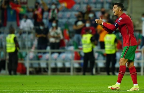 Cristiano Ronaldo of Manchester United and Portugal celebrates after scoring a goal during the World Cup 2022 Qualifier match between Portugal and...