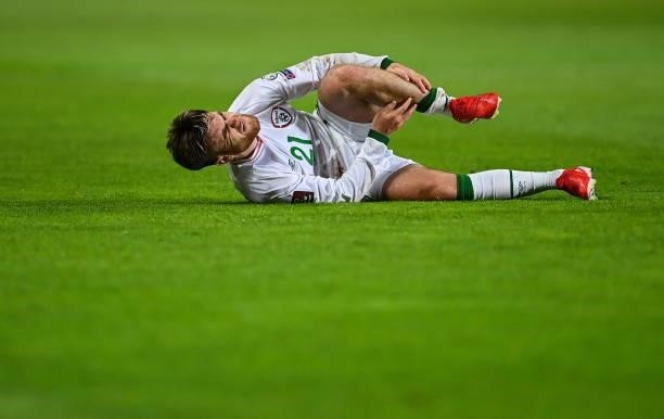 Faro , Portugal - 1 September 2021; Aaron Connolly of Republic of Ireland await medical treatment during the FIFA World Cup 2022 qualifying group A...