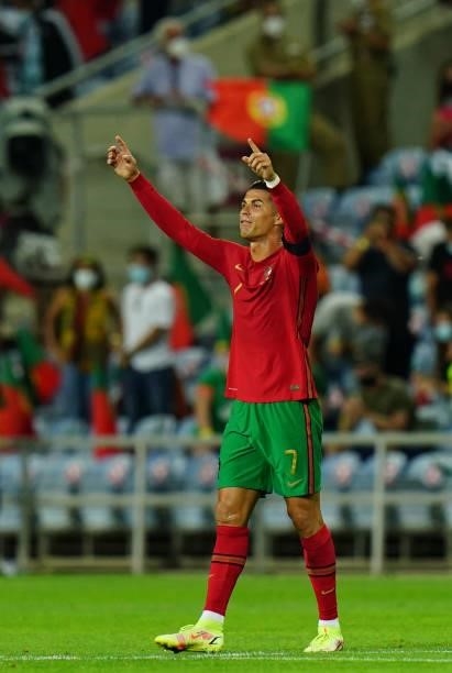 Cristiano Ronaldo of Manchester United and Portugal celebrates after scoring a goal during the World Cup 2022 Qualifier match between Portugal and...