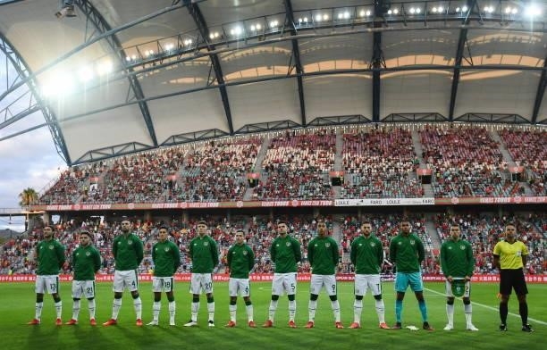 Faro , Portugal - 1 September 2021; Republic of Ireland players stand for the national anthem before the FIFA World Cup 2022 qualifying group A match...