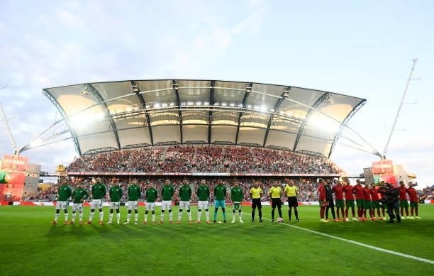 Faro , Portugal - 1 September 2021; Players of both sides and officials before the FIFA World Cup 2022 qualifying group A match between Portugal and...