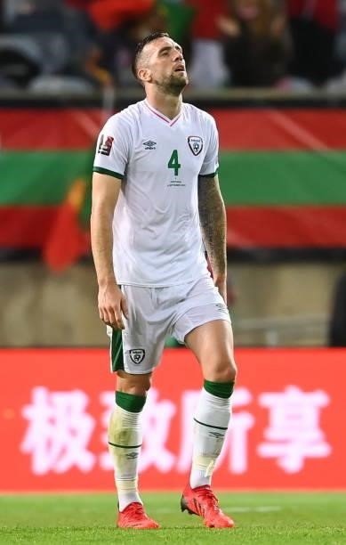 Faro , Portugal - 1 September 2021; Shane Duffy of Republic of Ireland reacts after conceding their second goal, scored by Cristiano Ronaldo of...