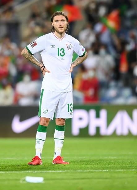 Faro , Portugal - 1 September 2021; Jeff Hendrick of Republic of Ireland reacts after the FIFA World Cup 2022 qualifying group A match between...