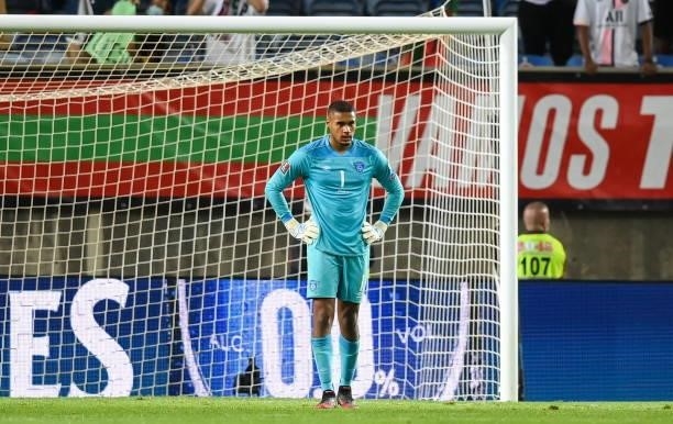 Faro , Portugal - 1 September 2021; Republic of Ireland goalkeeper Gavin Bazunu reacts after conceding their second goal, scored by Cristiano Ronaldo...