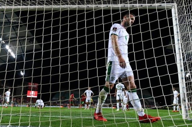 Faro , Portugal - 1 September 2021; Shane Duffy of Republic of Ireland reacts after his side conceded their second goal, scored by Cristiano Ronaldo...