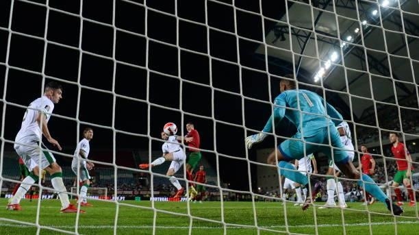Faro , Portugal - 1 September 2021; Cristiano Ronaldo of Portugal heads to score his side's first goal past Republic of Ireland goalkeeper Gavin...