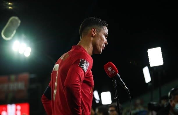 Faro , Portugal - 1 September 2021; Cristiano Ronaldo of Portugal is interviewed by the media after his side's victory in the FIFA World Cup 2022...