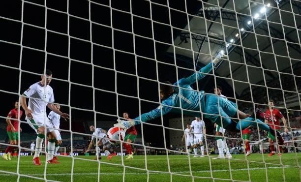 Faro , Portugal - 1 September 2021; Cristiano Ronaldo of Portugal heads to score his side's first goal past Republic of Ireland goalkeeper Gavin...