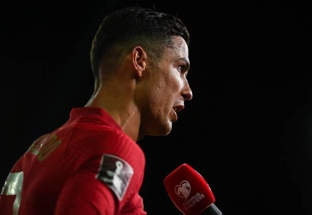 Faro , Portugal - 1 September 2021; Cristiano Ronaldo of Portugal is interviewed by the media after his side's victory in the FIFA World Cup 2022...