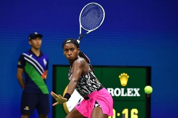 S Coco Gauff hits a return to USA's Sloane Stephens during their 2021 US Open Tennis tournament women's singles second round match at the USTA Billie...