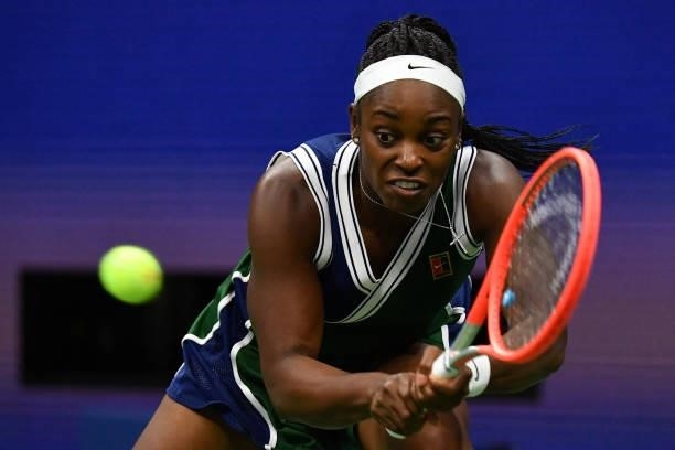 S Sloane Stephens hits a return to USA's Coco Gauff during their 2021 US Open Tennis tournament women's singles second round match at the USTA Billie...