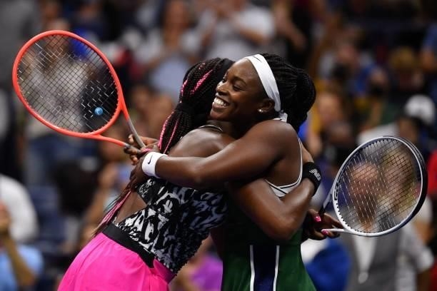 S Sloane Stephens hugs USA's Coco Gauff after winning their 2021 US Open Tennis tournament women's singles second round match at the USTA Billie Jean...
