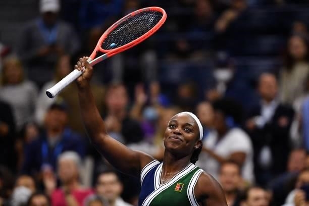 S Sloane Stephens celebrates after winning her 2021 US Open Tennis tournament women's singles second round match against USA's Coco Gauff at the USTA...