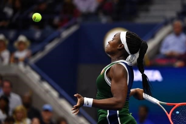 S Sloane Stephens hits a return to USA's Coco Gauff during their 2021 US Open Tennis tournament women's singles second round match at the USTA Billie...