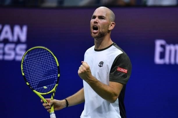France's Adrian Mannarino reacts during his 2021 US Open Tennis tournament men's singles second round match against Greece's Stefanos Tsitsipas at...