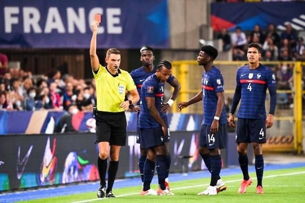 Red card for Jules KOUNDE of France , Paul POGBA of France, Aurelien TCHOUAMENI of FRANCE and Raphael VARANE of France during the FIFA World Cup 2022...