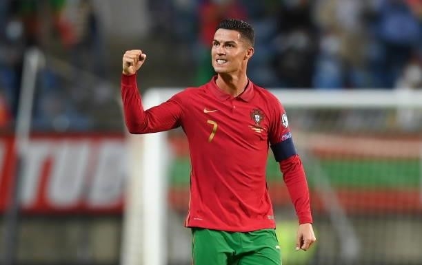 Faro , Portugal - 1 September 2021; Cristiano Ronaldo of Portugal celebrates following the FIFA World Cup 2022 qualifying group A match between...