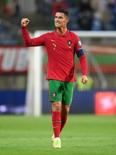 Faro , Portugal - 1 September 2021; Cristiano Ronaldo of Portugal celebrates following the FIFA World Cup 2022 qualifying group A match between...